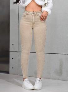 SHEIN PETITE 女式时尚休闲百搭紧身牛仔裤 - 卡其色 - 查看 6