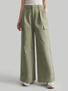 Ontre 女式 2025 新款都市时尚风格灰绿色实用口袋中腰休闲裤，百搭，适合春夏季 - 綠色 - 查看 2