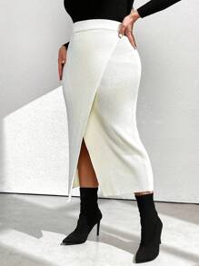 SHEIN Clasi Plus Size Women Plain Minimalist Slit Bodycon Pencil Skirt, Everyday Wear, For Winter - White - View 2