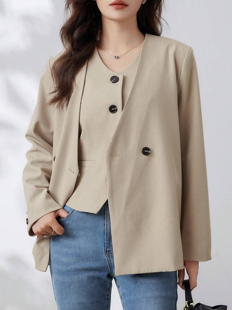 1set Women Solid Color Loose Blazer & Vest Suit,Fall Clothes Business Attire