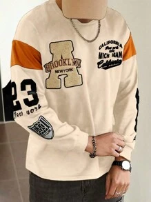 Manfinity Campus Court Camiseta de manga larga de cuello redondo con gráfico de letras casual para hombres, otoño