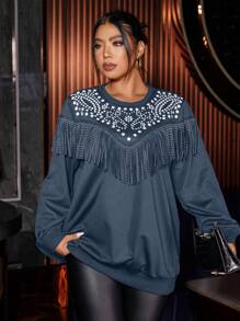 Calvaya Plus Size Dames Ronde Hals Trui Gebreid Bedrukt Kwastje Strass Versierd Lange Mouw Hoodie