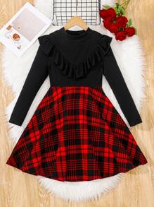 SHEIN Tween Girls Casual Christmas Party Knit Round Neck Long Sleeve Plaid Patchwork Dress - Red - View 1