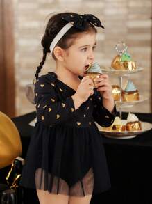 SHEIN Baby Girl Casual Foil Heart Pattern Splice Mesh Ruffle Bodysuit With Headband - Navy Blue - View 6