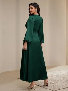 Veilorie Đầm thường ngày xếp ly phía trước tay dài cổ tròn trơn dành cho nữ, kín đáo - Màu xanh lá cây đậm - Xem 2