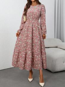 SHEIN Clasi Váy tay bồng họa tiết hoa giản dị cho kỳ nghỉ của phụ nữ - Hồng - Xem 4