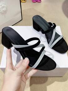 Teens Casual Square Toe Rhinestone Embellished High Heel Slip-On Campus Sandals - Black - View 2