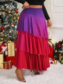 Slaydiva Plus Size Women's High Waist Patchwork Multi-Layer Ruffle Gradient Color Midi Skirt, Fashionable - Multicolor - View 3