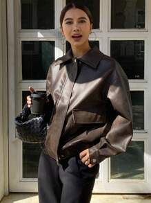 DAZY 秋季新款宽松休闲PU皮女式夹克，秋季女装皮夹克