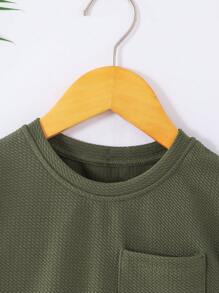 SHEIN Vintaside Kids Chàng trai trẻ Màu xanh lá Màu sắc Chất rắn Đơn giản Thoải mái Trang phục trên phố Áo thun Và Quần short Hai chiếc Bộ Cho mùa hè - xanh quân đội - Xem 5