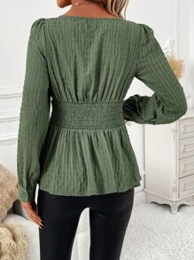 SHEIN Clasi Women Elegant Waist Design Solid Color Square Collar Long Sleeve Shirt - Army Green - View 2