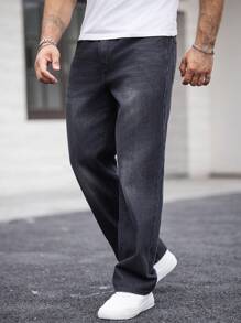 Manfinity Homme Men's Straight Leg Casual Washed Loose Fit Jeans With Pockets