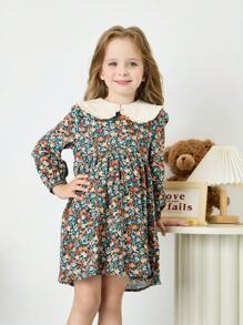 SHEIN Leap Crew Đầm dệt trơn màu cổ Peter Pan cho bé gái & váy chắp vá họa tiết hoa nhỏ nhắn - Cà phê nâu - Xem 7