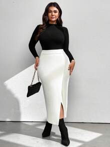 SHEIN Clasi Plus Size Women Plain Minimalist Slit Bodycon Pencil Skirt, Everyday Wear, For Winter - White - View 4