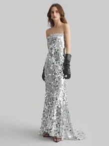 Ontre 2025 春季亮片女式长裙，女式银色串珠细肩带美人鱼礼服，适合婚礼派对 - 銀色 - 查看 7