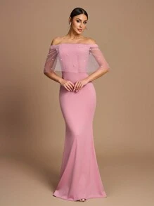 SHEIN Belle Vestido de mujer elegante y romántico con mangas estilo chal y hombros descubiertos, de punto elástico de color rosa claro, con decoración de perlas falsas, silueta de sirena, apropiado para bodas, fiestas y atuendo formal de dama de honor