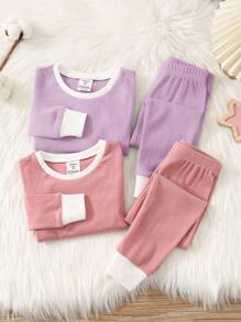 SHEIN Leap Crew 4pcs Young Girl Snug Fit Casual Comfy Color Block Round Neck Long Sleeve Pajama Set - Purple - View 1