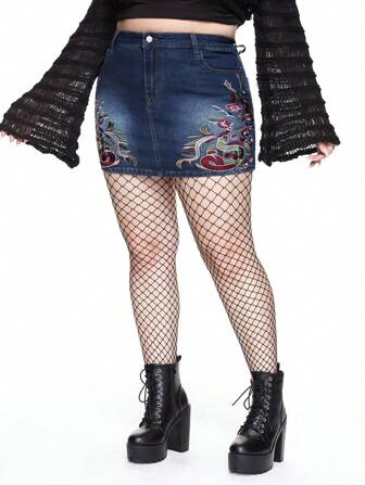 Fairycore Jupe en jean moulante mini avec broderie florale vintage pour femmes grandes tailles