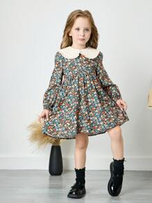 SHEIN Leap Crew Đầm dệt trơn màu cổ Peter Pan cho bé gái & váy chắp vá họa tiết hoa nhỏ nhắn - Cà phê nâu - Xem 4