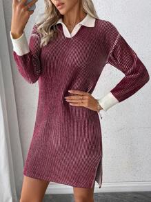 SHEIN LUNE 2024 Autumn/Winter Women Striped Polo Collar Split Knitted Straight Casual Dress Fall Cloth For Women - Burgundy - View 3