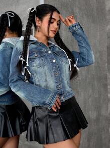 SHEIN EZwear 女士牛仔夹克，休闲时尚日常穿着 - 淺色水洗藍 - 查看 7