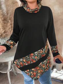 Plus Size Women's Casual Loose Asymmetrical Hem Printed Turtleneck Long Sleeve T-Shirt,Black Autumn Boho Everyday Graphic Tees Tops For Spring Fall - Multicolor - View 5