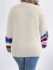 SHEIN LUNE Suéter de punto de hombros caídos con bloques de color y rayas, de talla grande, para otoño/invierno - Albaricoque - Ver 2