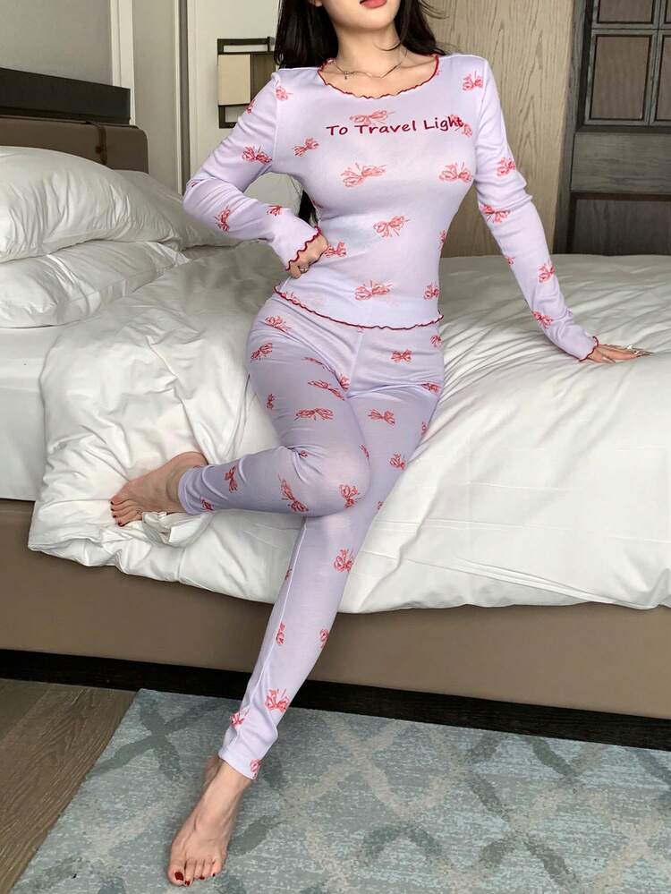 Tie Dye Bow Pattern Print Contrast Trim Fitted Pajama Set Fall,Winter