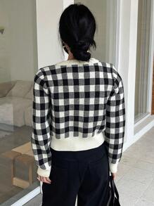DAZY Cárdigan a cuadros en contraste para mujer, minimalista y casual para uso diario, ropa de otoño - Albaricoque - Ver 2