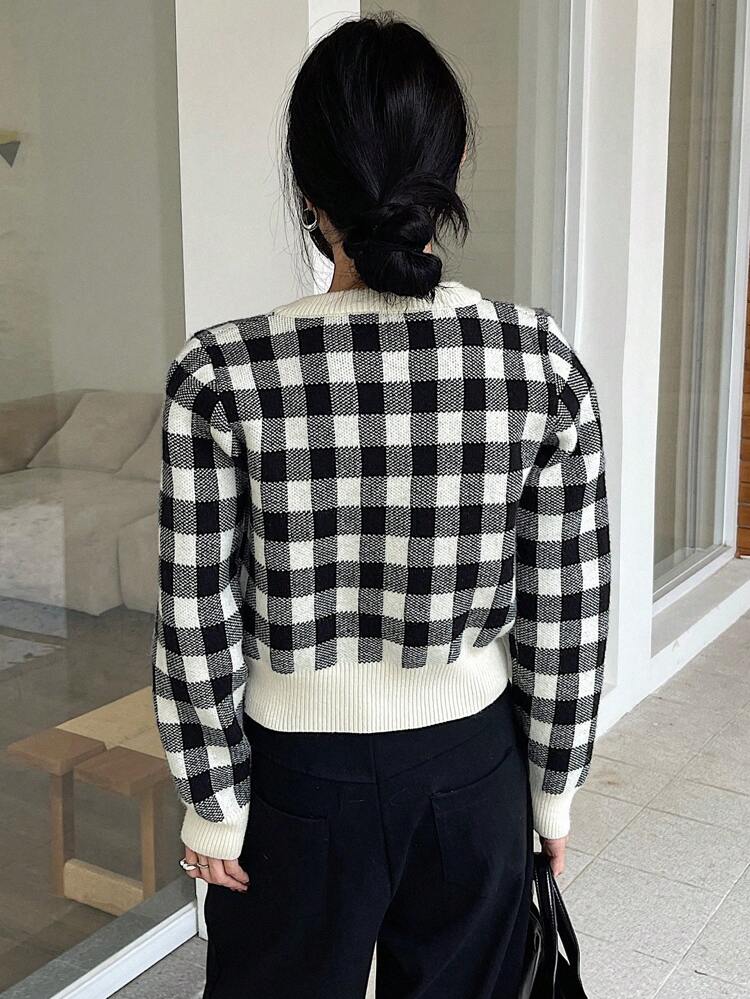 Contrast Plaid Cardigan For Women, Minimalist Casual For Daily Wear,Fall Clothes