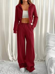 SHEIN EZwear 2 件套休闲纯色抽绳连帽运动衫和运动裤，秋冬 - 酒紅色 - 查看 4