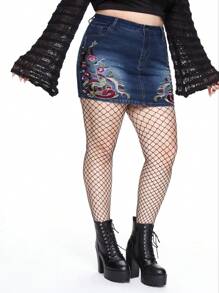 ROMWE Fairycore Plus Size Women Vintage Floral Embroidery Bodycon Mini Denim Skirt - Blue - View 3
