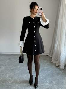 Elenzga Vestido corto negro sexy y elegante con decoración de botón metálico y volantes en los puños, con silueta de línea A