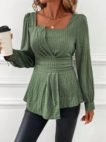 SHEIN Clasi Women Elegant Waist Design Solid Color Square Collar Long Sleeve Shirt - Army Green - View 4