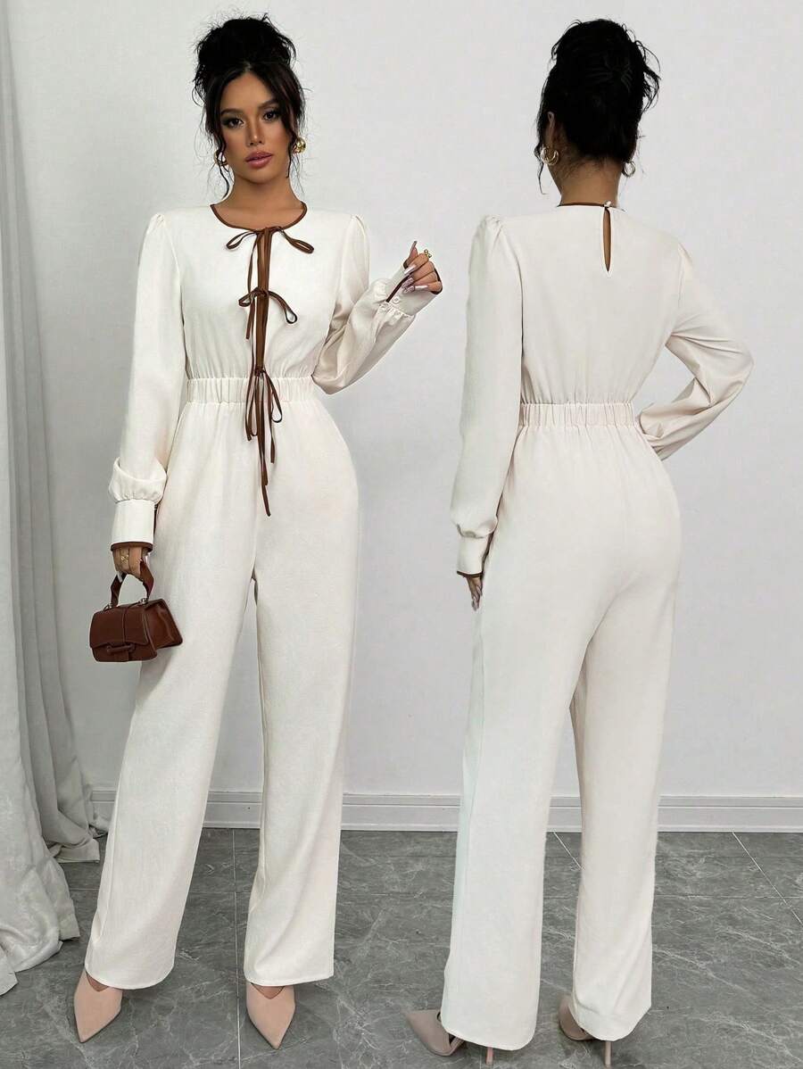 Elenzga Women's Bowknot Front Textured Comfy & Elegant Jumpsuit Fall Cloth For Women