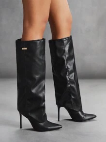 CUCCOO SZL 黑色金属装饰尖头粗跟过膝长靴，圣诞节和新年假期的时尚单品