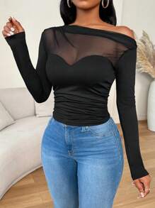 VaVaBold 女士纯色褶皱网眼拼接不对称领口 T 恤，春夏 - 黑色 - 查看 7