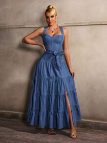 SHEIN SXY Damesmode Hoge split Ruffle Zoom Lange Denim Jurk, Herfst