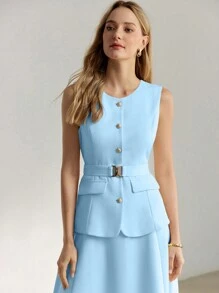 MOTF PREMIUM Vestido midi con botones delanteros, sin mangas y cinturón para mujer