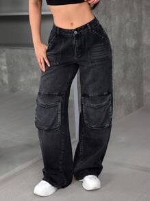 SHEIN EZwear Women's Casual Washed Wide-Leg Cargo Jeans