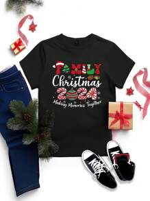 SHEIN EZwear Casual Simple Pattern Round Neck Short Sleeve Fitted Plus Size Women T-Shirt, Suitable For Summer - Black - View 3