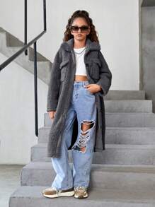 SHEIN Leap Crew Tween Girl's Comfortable Casual Loose Coral Fleece Mid-Length Fur Lapel Pocket Lapel Collar Long Sleeve Coat For Winter - Grey - View 7