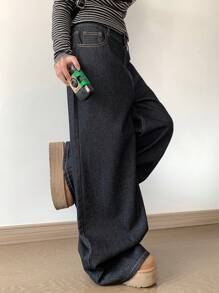 DAZY Women's Autumn New Loose Fit Wide Leg Pockets Casual Denim Jeans - Black - View 2