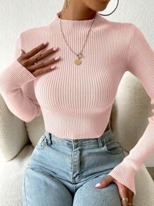 Chiquease Suéter corto ajustado de manga larga con cuello alto para mujer, de unicolor, para otoño/invierno