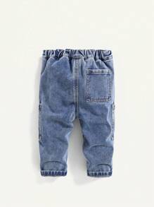 Cozy Pixies Baby Boy Fashion Casual Blue Denim Cargo Pocket Design Loose Straight Leg Jeans Boys Cool Outfit/Boys Thanksgiving Outfit For Boys Costume Dailywear And Fall/Winter Kids Clothes - Blue - View 2