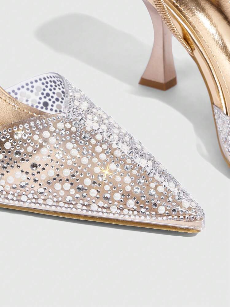 CUCCOO SZL Fashionable Champagne Rhinestone Decorated Strap High Heel Pumps For Party Wedding Events Spring Shoes Spring Break Easter Prom Heels For Christmas Spring Shoes - Champagne - View 5