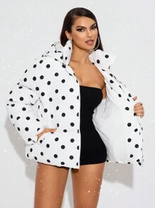 SHEIN SXY Women's Polka Dot Print Pocket Lined Padded Coat, Winter; Casual Daily Winter Thickened Warm Jacket Hollow Clothing Thanksgiving Women's Winter Clothing Winter Women's Jacket Winter Women's Coat, Light And Casual