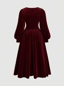 SHEIN MOD Plus Size Velvet Cinched Waist Lantern Sleeve Midi Dress - Burgundy - View 2