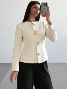 Firerie Nueva chaqueta de estilo elegante y sofisticado para oficina de otoño/invierno, color beige con botones metálicos en el cuello