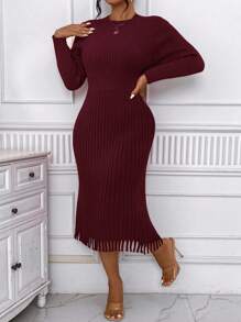 Celure Plus Size Dames Mid-Calf Lengte Ronde Hals Effen Kleur Geplooide Taille Getailleerd Elegante Lange Mouw Trui Jurk, Winter